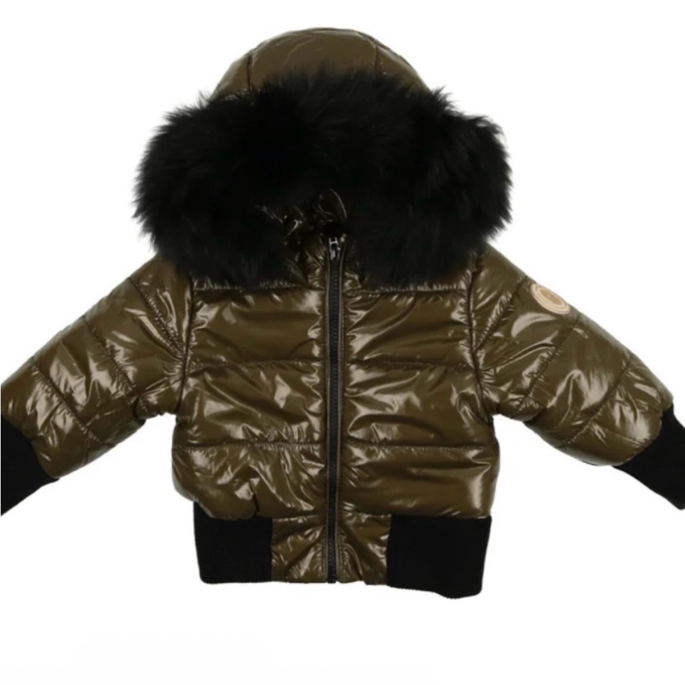 Shiny baby Olive Puffer Jacket with Black Fur Trim